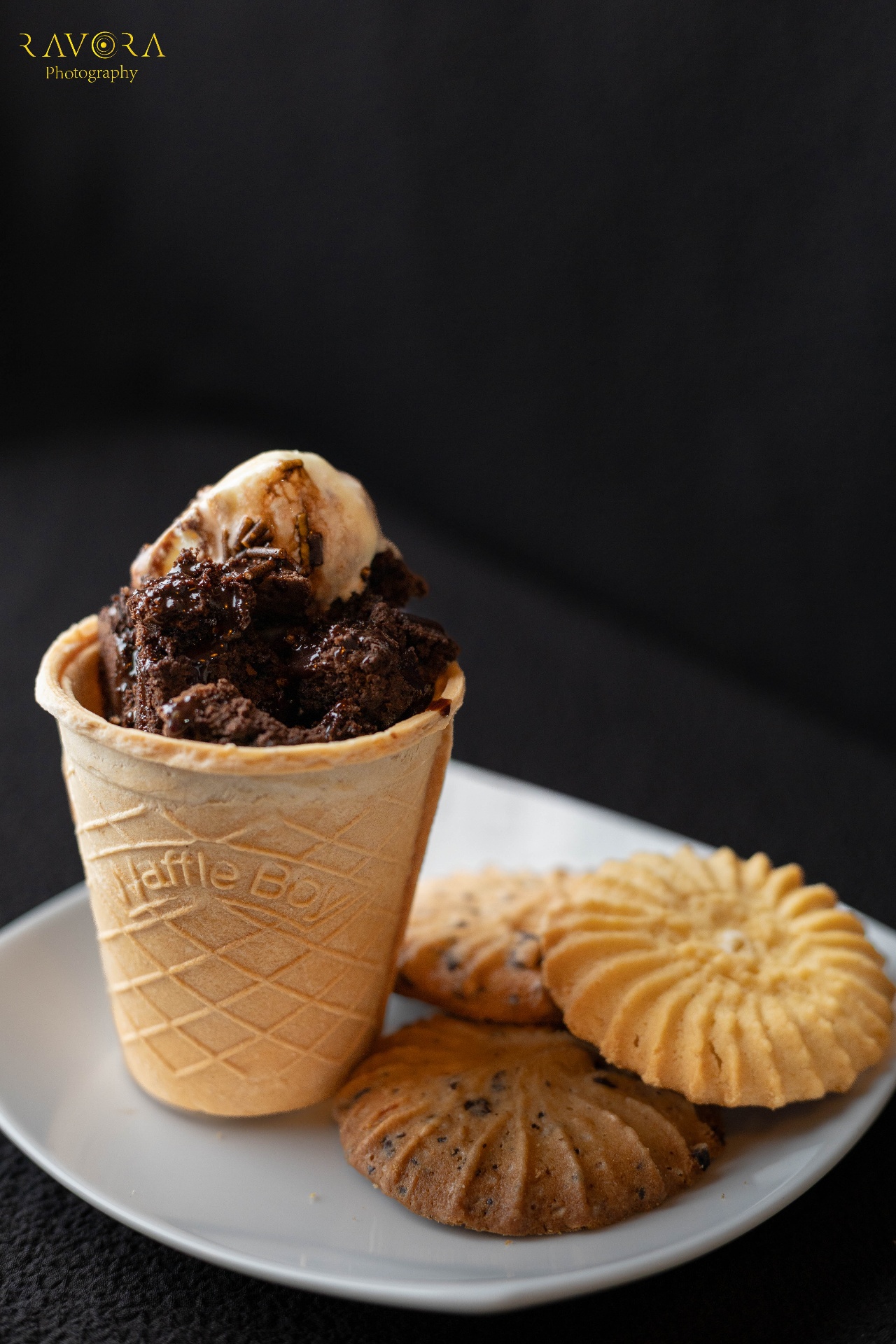 Waffle cup sundae with brownie and chocolate sauce