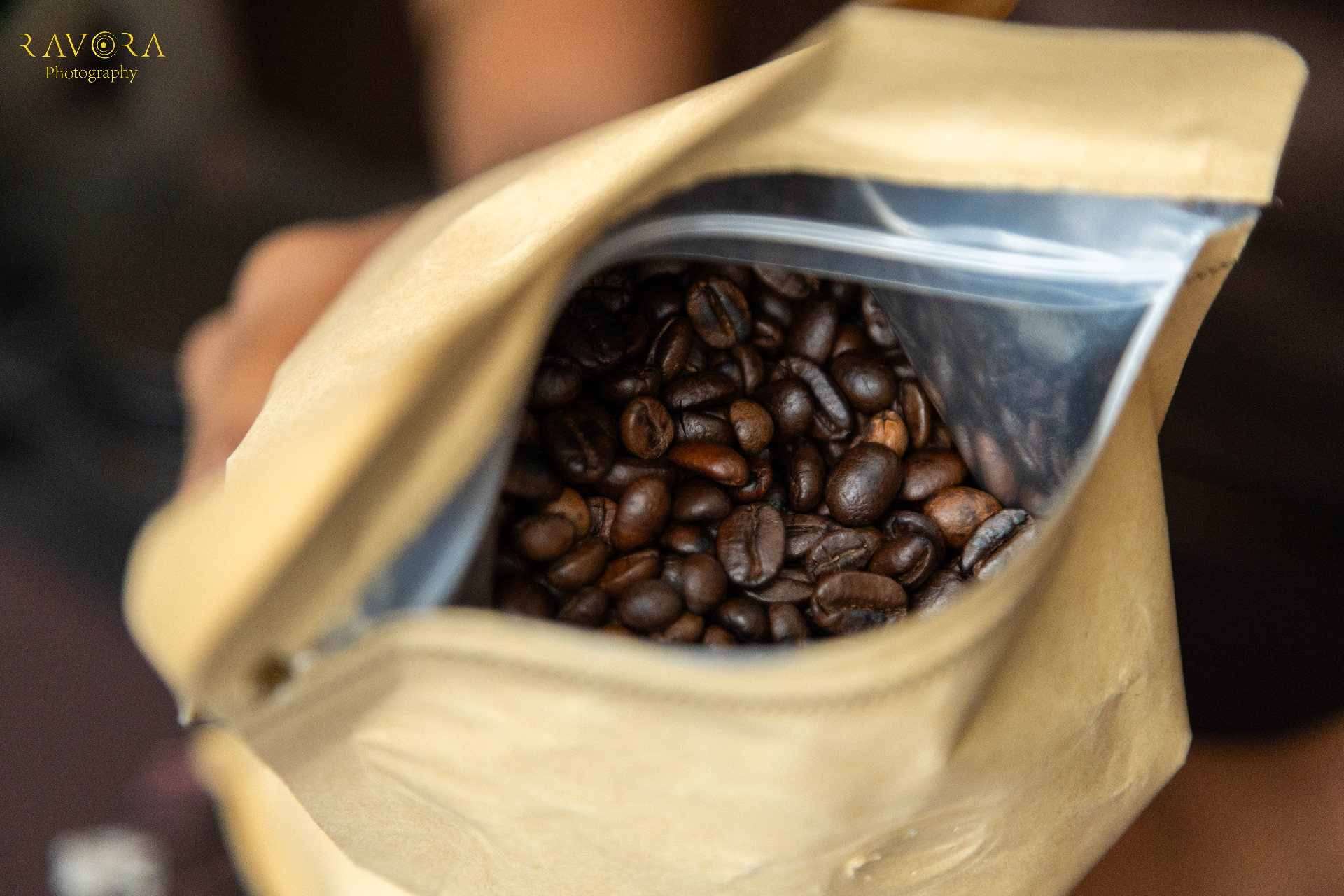 Freshly roasted coffee beans in our house blend bag